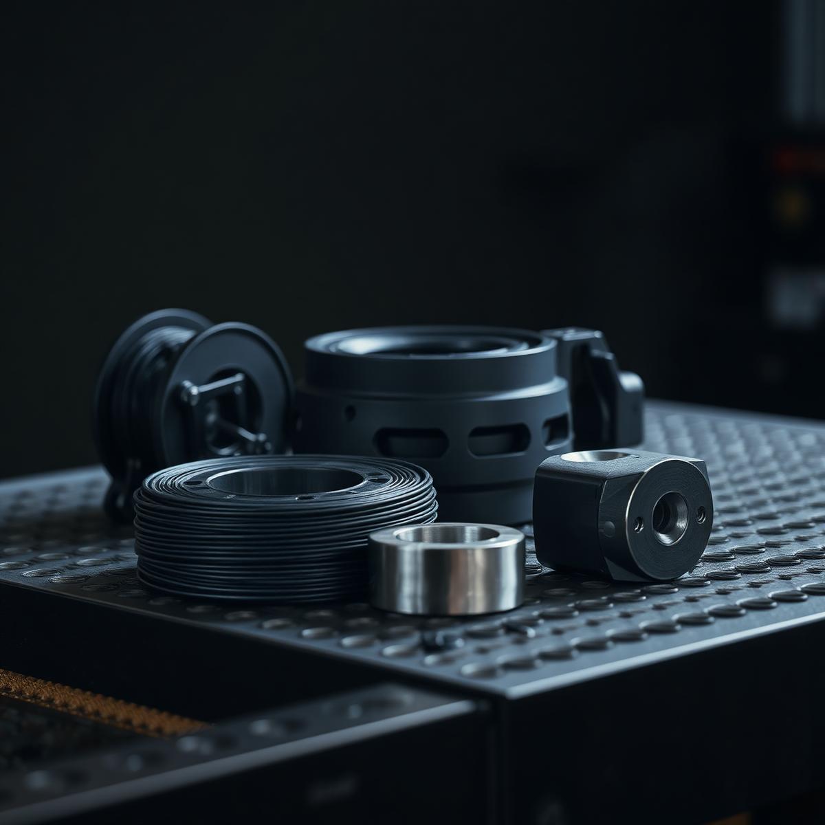 Precision 3D printed parts alongside a single CNC machined component on a workbench